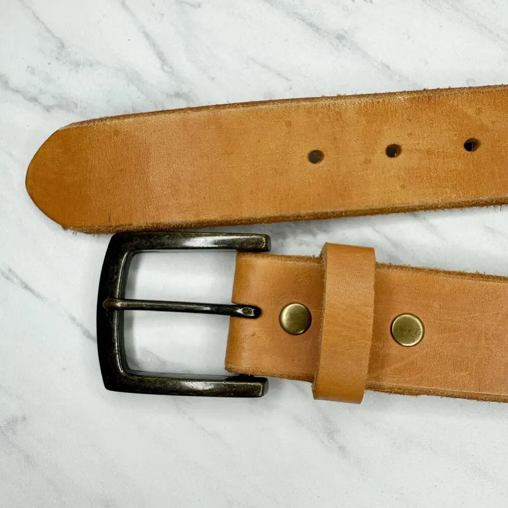 Brown Genuine Leather Belt Bronze Buckle Mens Size 36 ✨